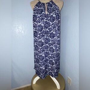 Michael Kors, blue flower print dress with silver chain detail